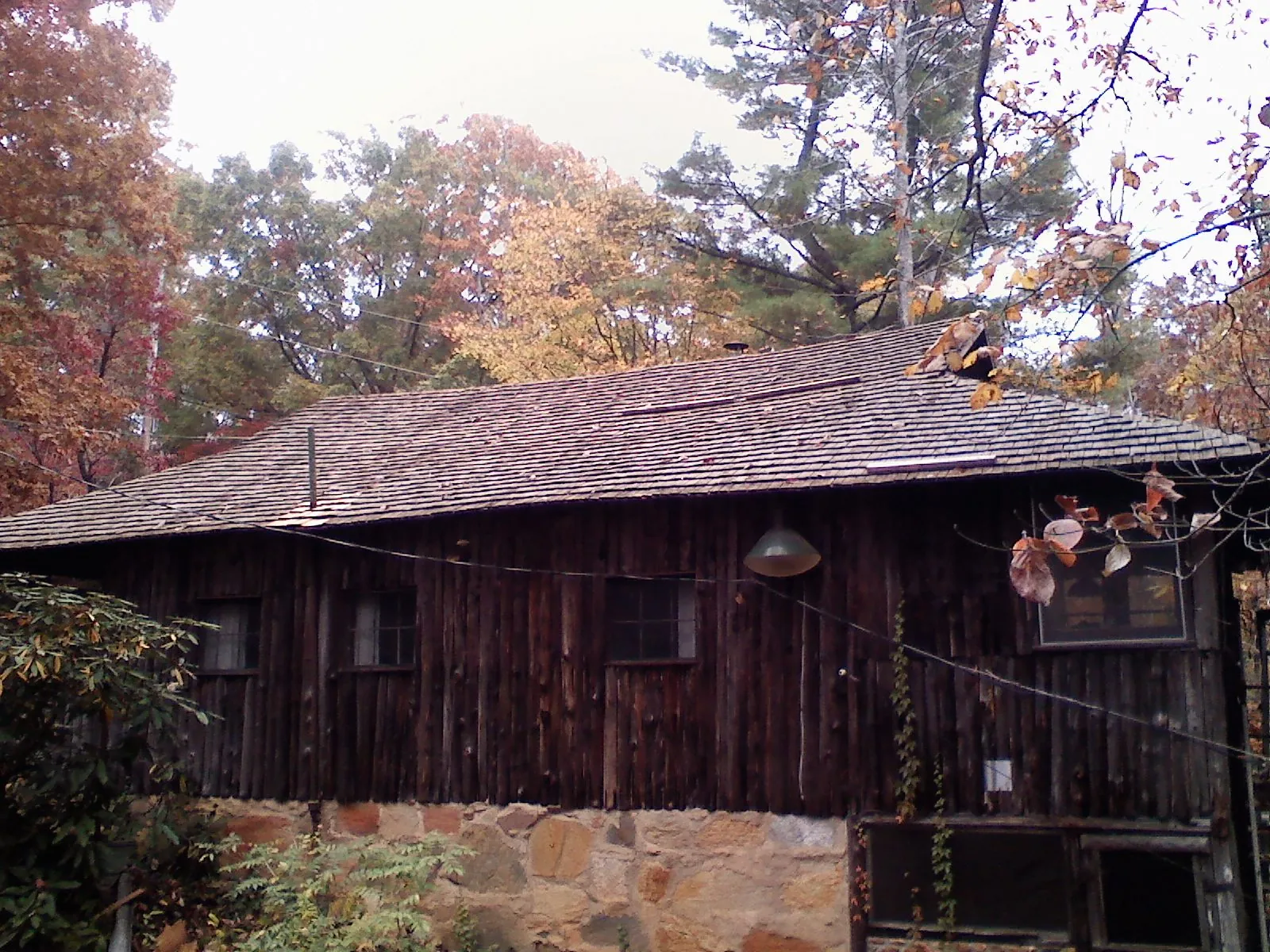 Weathered wood shake roof on a rustic board sided cabin in Gardners
